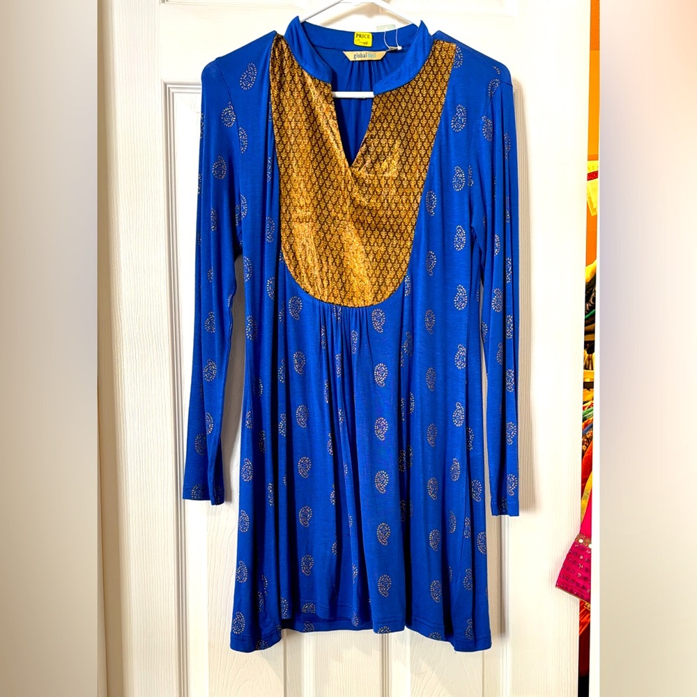 Global Desi kurti/ tunic in cobalt blue Jersey fabric with brocade kotho